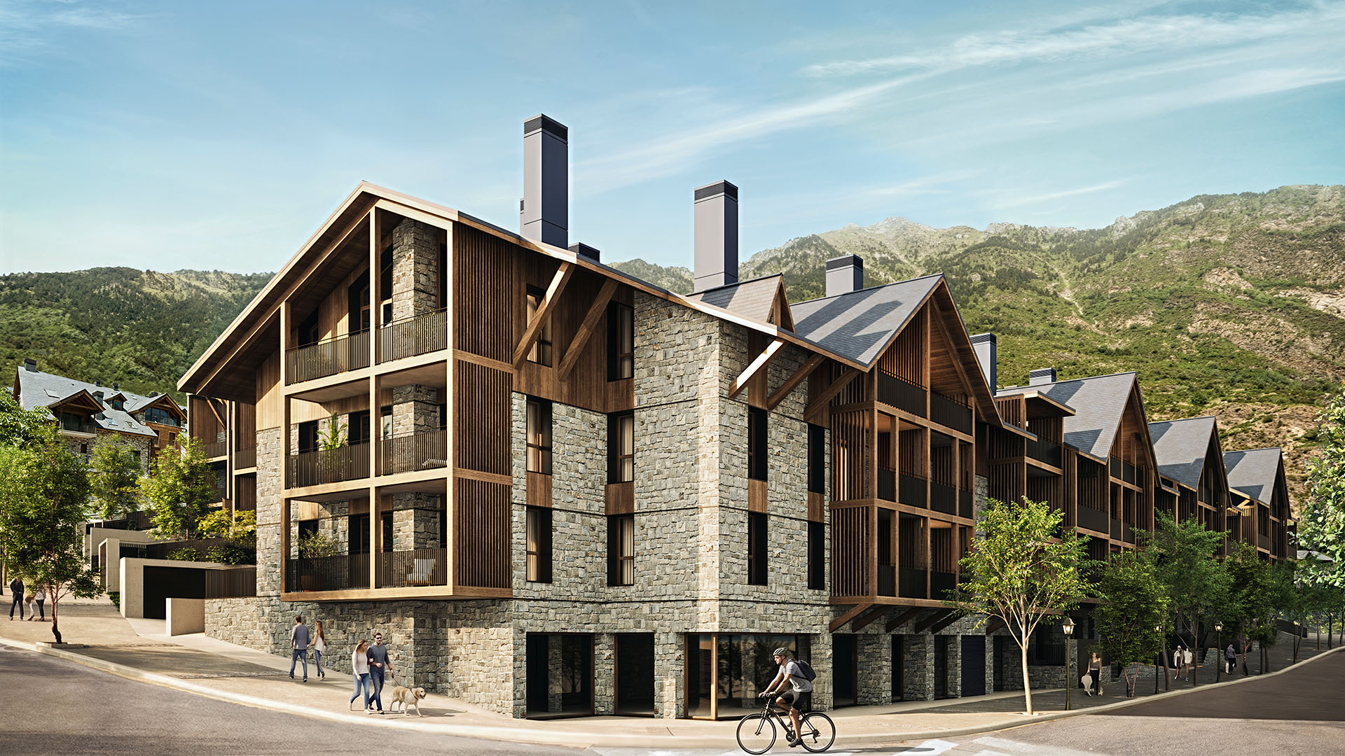 Vista aérea del conjunto residencial SOLANO en Benasque, Pirineo aragonés